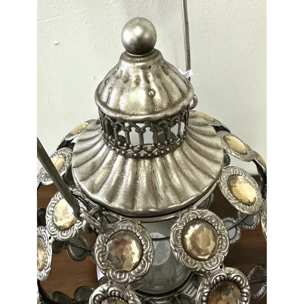 Vintage Silver Metal Beaded Candle Holder Lantern PATIO Decor